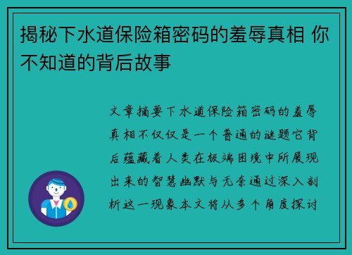 揭秘下水道保险箱密码的羞辱真相 你不知道的背后故事
